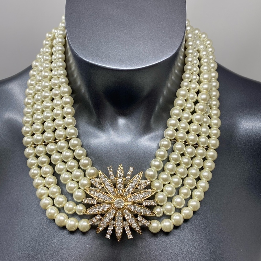 Statement Necklace Faux Pearl Strands with Starburst Rhinestones